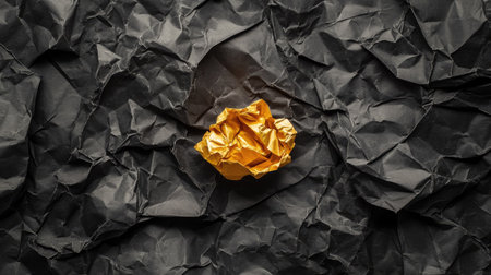 A visual metaphor of success: golden crumpled paper amid dark sheets representing failed ideasの素材