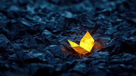 Bright golden paper glowing in a sea of dark crumpled sheets, highlighting an innovative ideaの素材