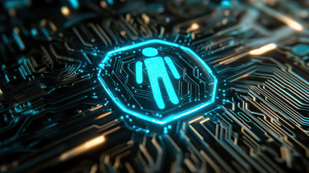 A glowing blue AI icon stands out on a black circuit board, representing futuristic technologyの素材