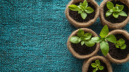 Young plants in soil bags with vibrant green leaves on a textured blue mat, natural sunlight enhancing the sceneの素材
