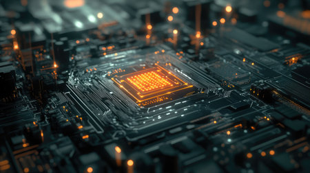 A high-tech scene with a glowing AI icon on a sleek black circuit board in a digital settingの素材