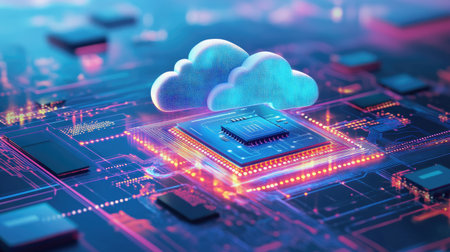 Abstract depiction of a microchip integrated with a glowing cloud in a futuristic data landscapeの素材