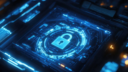 Cybersecurity concept with a holographic padlock on a futuristic screen, glowing brightly in blue huesの素材