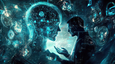 Futuristic scene of a man explaining AI, surrounded by digital elements symbolizing human-computer interactionの素材