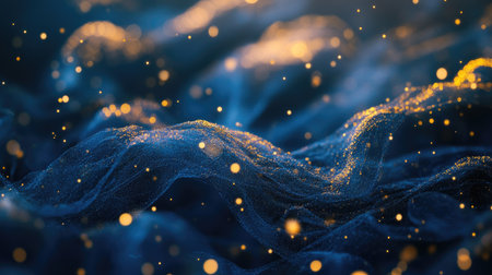 Light art shimmering over a dark blue background with glitter bokeh and gold confetti, a romantic wedding card designの素材