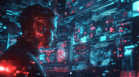 High-tech presentation on AI with a man surrounded by glowing screens and futuristic digital interfacesの素材