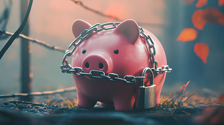 Financial security visualized with a pink piggy bank tightly wrapped in a chain and padlockの素材