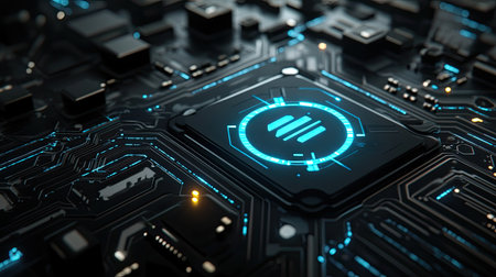 Futuristic technology visualized by a glowing blue AI symbol on a black circuit boardの素材