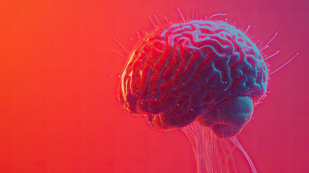 Neural technology integrated with a digital human brain on a glowing red gradient backgroundの素材