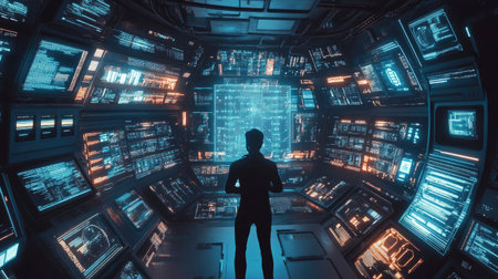 High-tech presentation on AI with a man surrounded by glowing screens and futuristic digital interfacesの素材