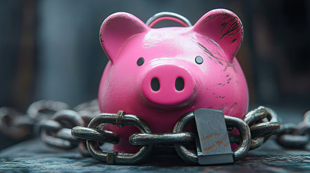 Savings protection concept with a pink piggy bank wrapped in a sturdy chain and padlockの素材