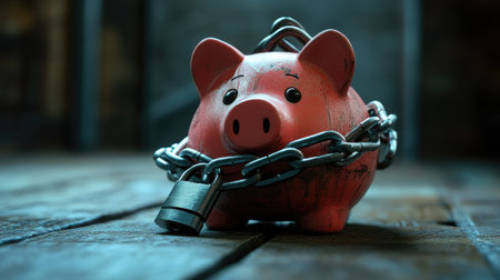 Savings protection concept with a pink piggy bank wrapped in a sturdy chain and padlockの素材