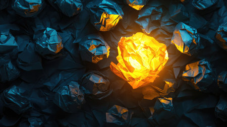Visualization of success: golden crumpled paper glowing brightly in a sea of dark failuresの素材