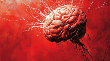 Neural tech visual with a human brain emitting digital connections, set against a bold red backgroundの素材