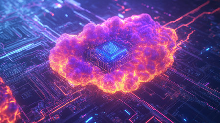 Vibrant image of a glowing cloud intertwined with a digital microchip on a futuristic tech backgroundの素材