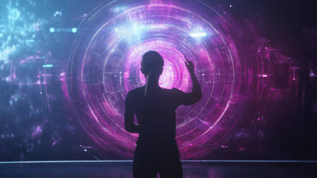 Presenter explaining AI innovations with glowing tech graphics and futuristic holographic visualsの素材