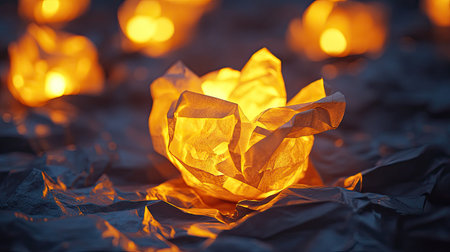 Innovation represented by golden crumpled paper glowing against a background of dark failuresの素材