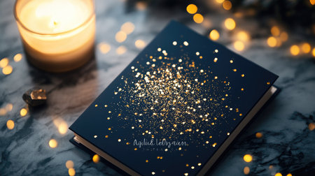 Sparkling gold glitter and shimmering navy background with soft light art for a magical night-themed wedding cardの素材
