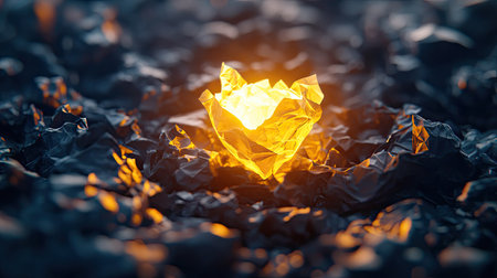 Visualization of success: golden crumpled paper glowing brightly in a sea of dark failuresの素材