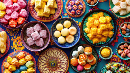 A top view of assorted Munbon sweets in decorative bowls on a vibrant tablecloth, leaving room for textの素材