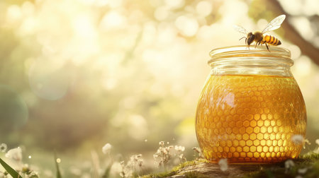 A stunning image of a honey jar illuminated by soft sunlight, showcasing a bee on the lid, representing the beauty of nature and the delicacy of honey.の素材
