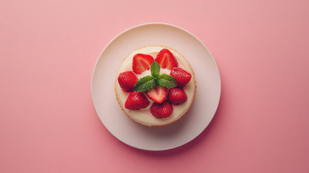 Minimalist top view of a cheesecake decorated with strawberries and mint on a simple background.の素材