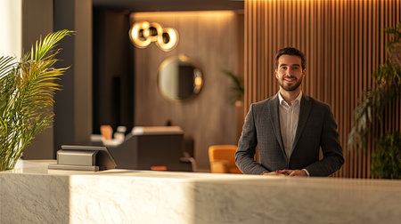 A professional receptionist greets guests in a modern hotel lobby, featuring stylish decor, warm lighting, and a sophisticated atmosphere.の素材