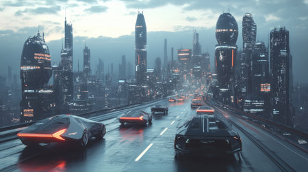 A stunning view of a futuristic city featuring sleek vehicles navigating an elevated highway, surrounded by towering skyscrapers illuminated by vibrant neon lights.の素材