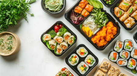 Freshly prepared lunch box with healthy snacks arranged aesthetically on a white table.の素材