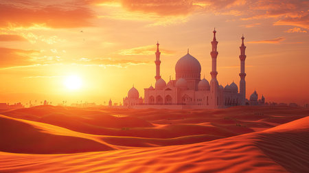 A stunning view of a mosque surrounded by sandy dunes during sunset, showcasing a blend of architectural beauty and natural wonder in a tranquil desert setting.の素材