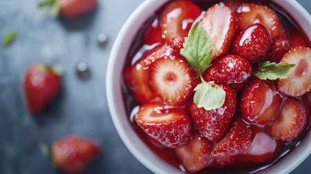 Overhead shot of a strawberry cheesecake with fresh berries and syrup, providing ample room for copy.の素材
