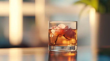 A glass of fragrant rose petal herbal tea, delicately placed on a table, perfect for a calm atmosphere.の素材