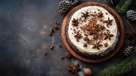 Top view of a festive cream-filled chocolate cake decorated with star anise and pine cones on a rustic table. Copy space available.の素材