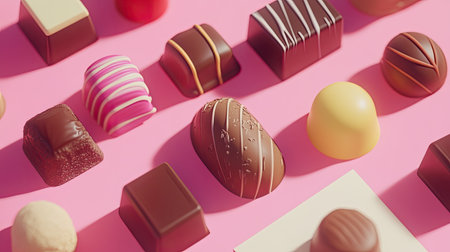 A vibrant arrangement of assorted chocolates on a playful pink background, ideal for showcasing sweet indulgence and enhancing food-related marketing designs.の素材