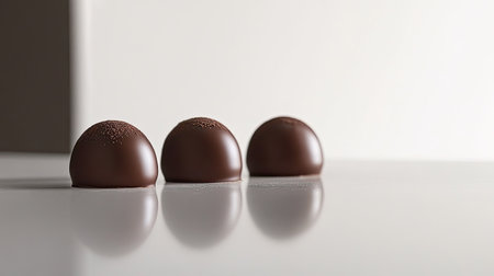 A close-up of three smooth chocolate truffles setting on a reflective surface, showcasing elegance and simplicity, perfect for gourmet dessert visuals and culinary inspiration.の素材