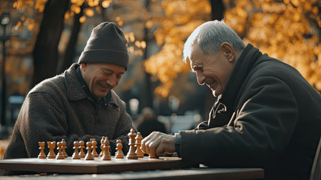 Two elderly men engage in a captivating chess match in a picturesque autumn park, surrounded by falling leaves and golden sunlight, highlighting moments of joy and connection.の素材
