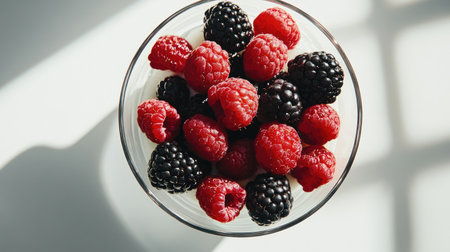 A beautiful arrangement of fresh raspberries and blackberries in a glass bowl, highlighting the vivid colors and tempting textures inviting healthy eating and summer enjoyment.の素材