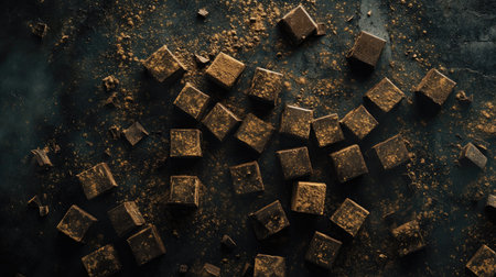 A captivating flatlay of dark chocolate cubes scattered on a rustic surface, dusted with cocoa powder, creating an inviting atmosphere for culinary inspirations and dessert recipes.の素材