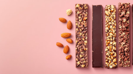 An enticing display of nutty chocolate bars on a soft pink background, perfect for food lovers and healthy snackers seeking sweet satisfaction and delightful flavors.の素材