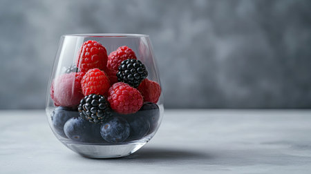 A visually appealing arrangement of fresh raspberries, blackberries, and blueberries in a clear glass cup, perfect for promoting healthy eating habits and vibrant culinary creations.の素材