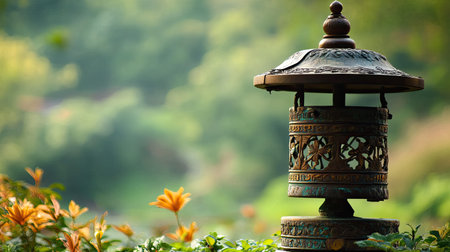 A beautifully designed decorative lantern stands amidst vibrant flowers in a serene garden, capturing the essence of nature with soft light enhancing its intricate details.の素材