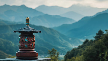 A stunning view of a traditional prayer wheel positioned against a backdrop of glorious mountains and valleys, perfect for capturing the essence of tranquility and cultural heritage.の素材