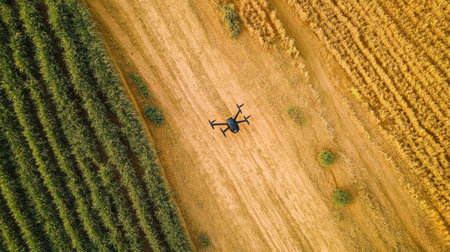 An impressive aerial shot showcasing a drone flying over vibrant agricultural fields, highlighting the integration of technology in farming amidst beautiful landscapes.の素材
