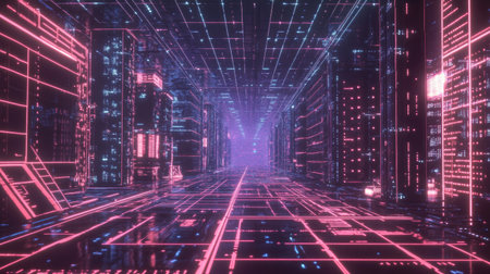 Explore a captivating futuristic landscape featuring glowing neon lines and digital structures, immersing viewers in a vibrant world of advanced technology and virtual interactions.の素材