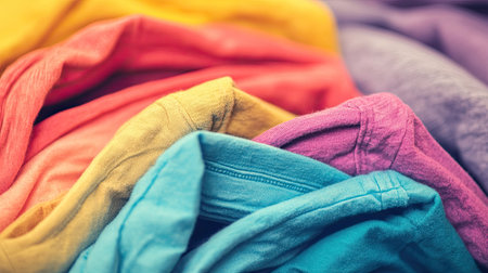 Close-up of a neatly folded pile of colorful cotton t-shirts, showcasing their textures and vibrant hues, with ample copy spaceの素材