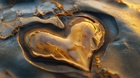 A beautiful heart shape naturally formed in beach sand, highlighted by golden tones and a smooth textureの素材