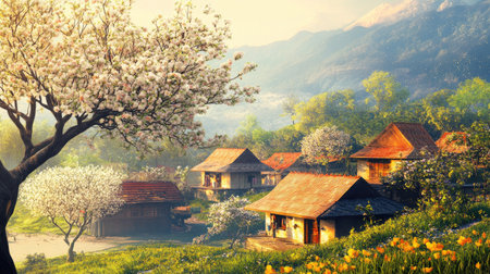 Traditional South Asian village surrounded by blooming trees and lush greenery, celebrating the beauty of spring, copy space includedの素材