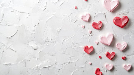 A beautiful arrangement of hearts in pink and red tones against a textured white background, perfect for romantic and celebratory themes or designs.の素材
