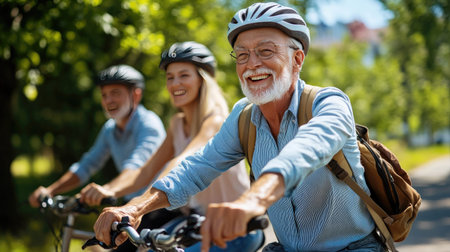 A cheerful group of three enjoys a biking adventure together in a sunny park, surrounded by vibrant greenery and smiling faces, embracing the joys of outdoor fitness.の素材