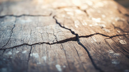 Close-up of a weathered wooden table featuring natural cracks and imperfections, adding a vintage feel, with plenty of copy spaceの素材